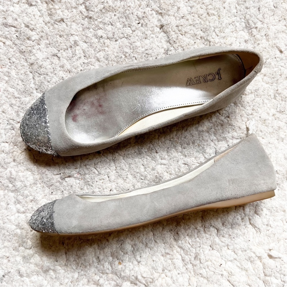 J.Crew Gray Suede Ballet Flats Size 7 Silver Glitter Cap Toe Dipped Holiday Spar